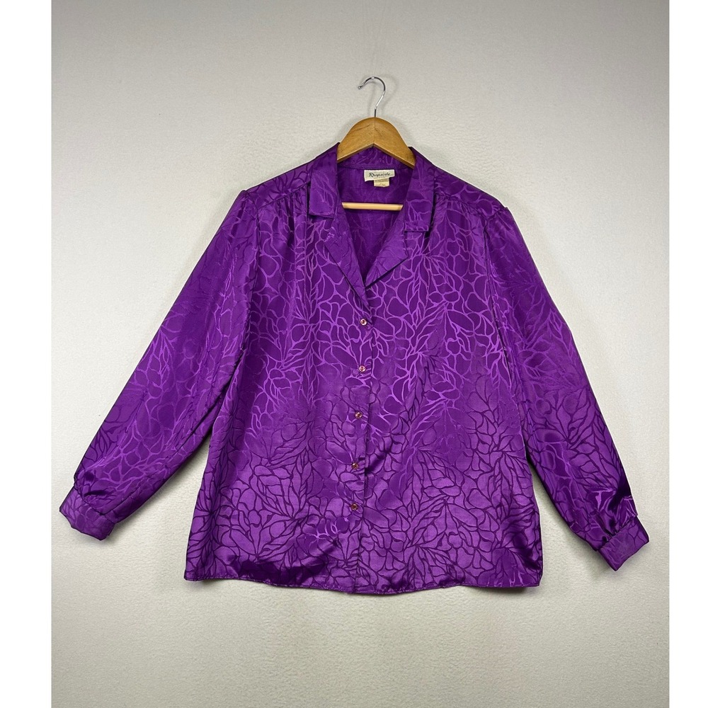 Vintage 80s Rhapsody Women 42 Purple Jacquard Floral Silky Button Up Blouse Top